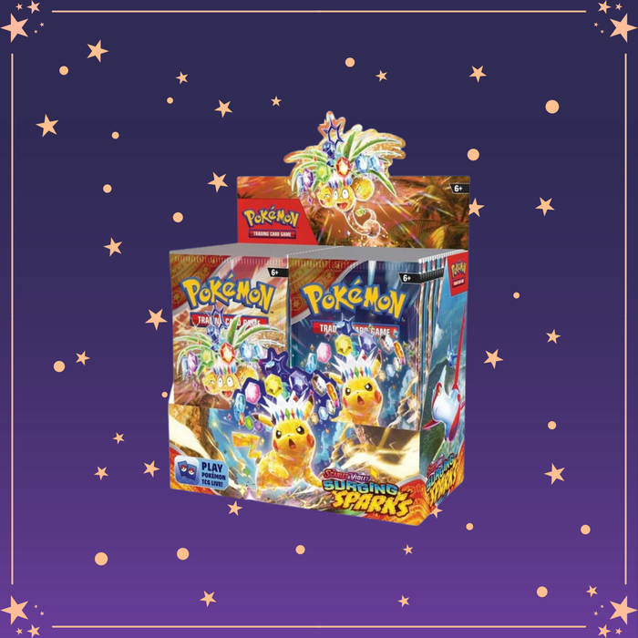 Scarlet & Violet Surging Sparks Booster Box – English Pokémon TCG featuring Terastallized Pikachu with lightning-themed artwork | Pokemon English | The Moonlit Holo.